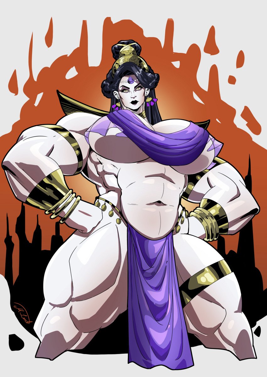 1girls abs alternate_muscle_size armlet black_lips bracelet broad_shoulders extreme_muscles female_only hades_(game) huge_breasts long_hair misguidedlord muscular_arms muscular_female muscular_legs nyx_(hades) pale_skin pelvic_curtain solo standing thick_thighs