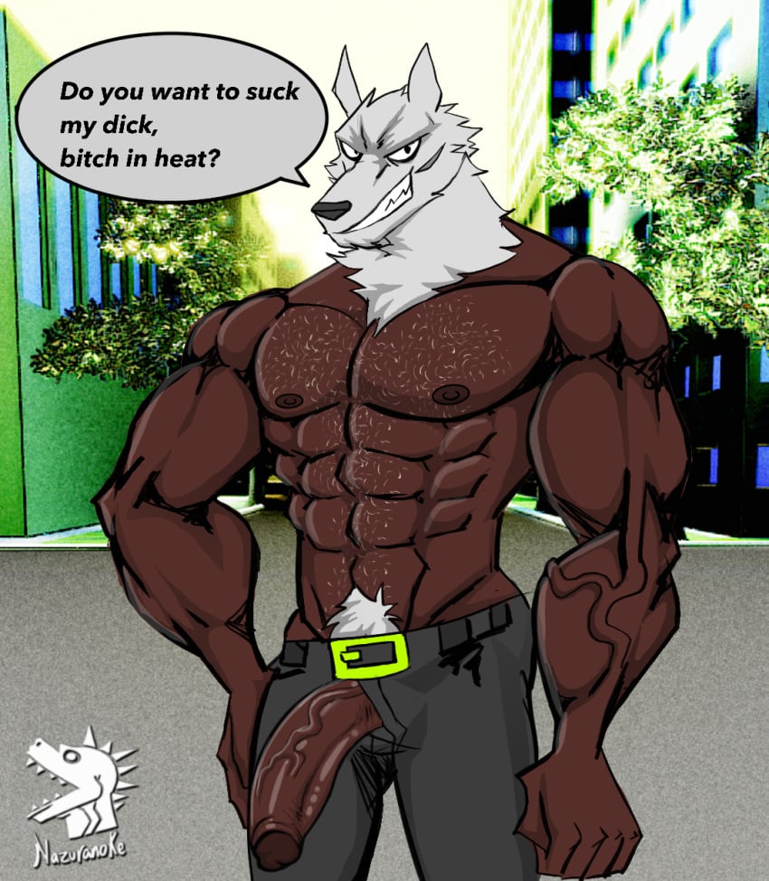 2024 abs animal_humanoid belt big_muscles big_penis body_hair bottomwear canid canid_humanoid canine canis chest_hair clothing dark_body dark_skin dialogue dirty_talk dog_ningen domestic_dog fur genitals grin hair happy_trail hi_res humanoid looking_at_viewer male mammal mammal_humanoid muscular muscular_humanoid muscular_male nazuranoke pants penis pubes rex_(dog_ningen) scar sharp_teeth smile solo talking_to_viewer teeth vein veiny_penis watermark white_body white_fur white_hair