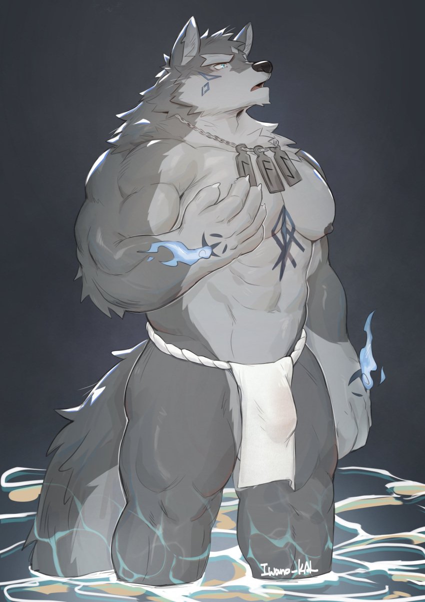 absurd_res anthro biped bottomwear bulge canid canine canis clothing digital_drawing_(artwork) digital_media_(artwork) eyebrows fur hi_res iwano jewelry loincloth male male_anthro mammal muscular muscular_anthro muscular_male necklace nipples pecs solo standing tail wolf