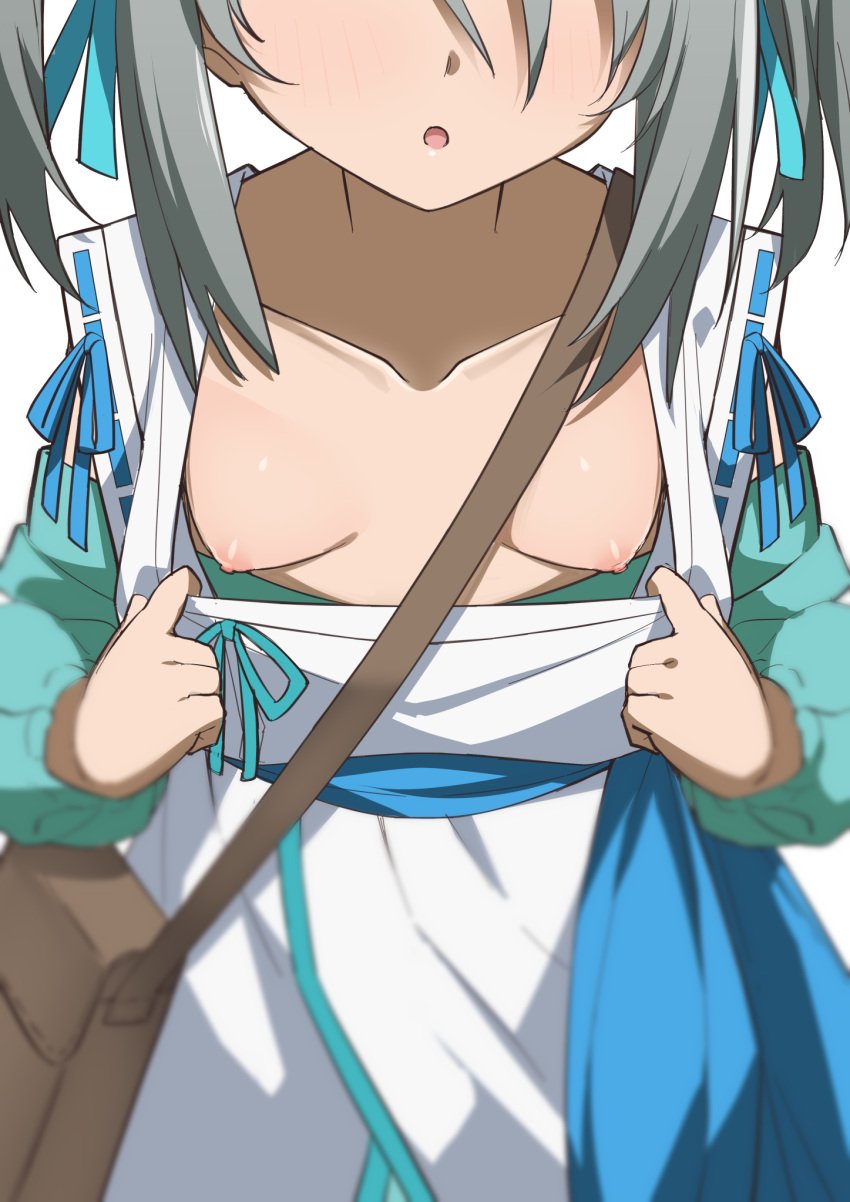 bag blue_ribbon blush breast_focus breasts breasts_out collarbone eyes_out_of_frame facing_viewer female female_focus grey_hair hair_ribbon highres morisobo nipples oda_nobuna_no_yabou ribbon shoulder_bag simple_background small_breasts solo takenaka_hanbee_(oda_nobuna_no_yabou) twintails white_background