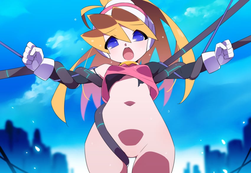 blonde_hair blue_eyes blurry blurry_background ciel_(mega_man) commission cowboy_shot female high_ponytail kaidou_zx long_hair mega_man_(series) mega_man_zero_(series) no_pussy outdoors pink_shirt pixiv_commission restrained shirt sleeveless sleeveless_shirt solo variant_set