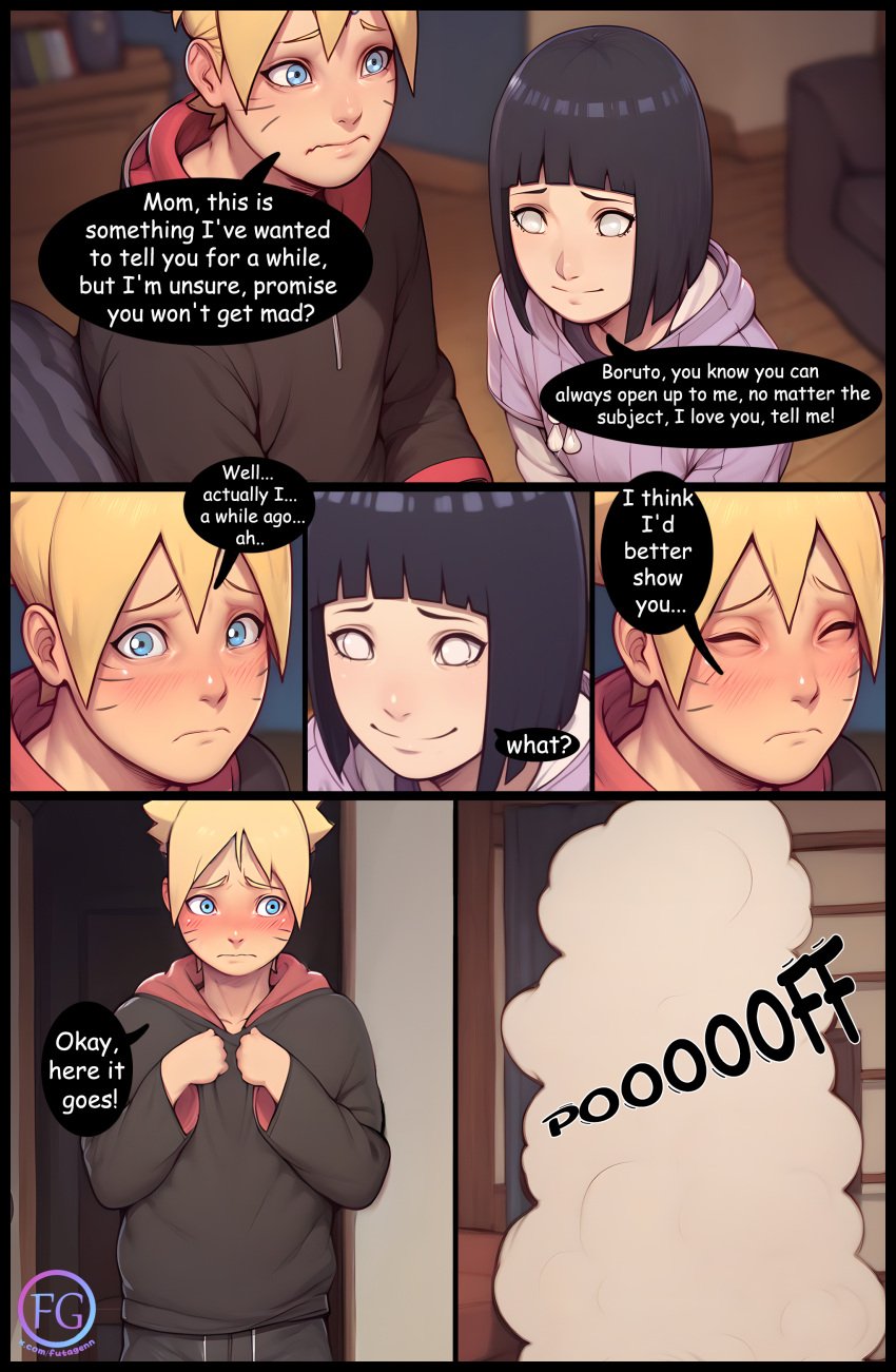 ai_generated boruto:_naruto_next_generations comic comic_page cute embarassed futagenn hyuuga_hinata naruto_(series) shy talking_to_another text text_bubble uzumaki_boruto