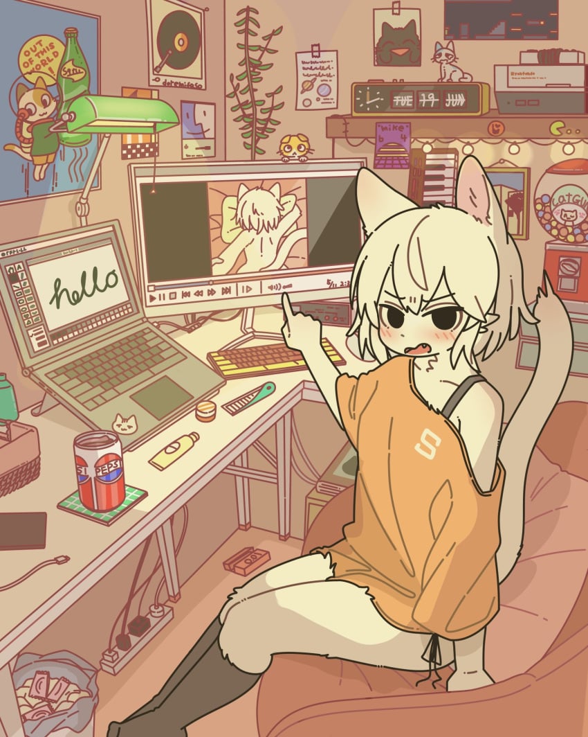 1girls anthro blush blush_lines cat cat_ears cat_tail catgirl computer doremifaso64 felid feline felis female female_focus female_only furry gumball_machine looking_at_viewer mac_os pac-man pac-man_(series) panties pepsi solo solo_anthro solo_female solo_focus watching watching_porn white_body white_fur white_hair white_skin