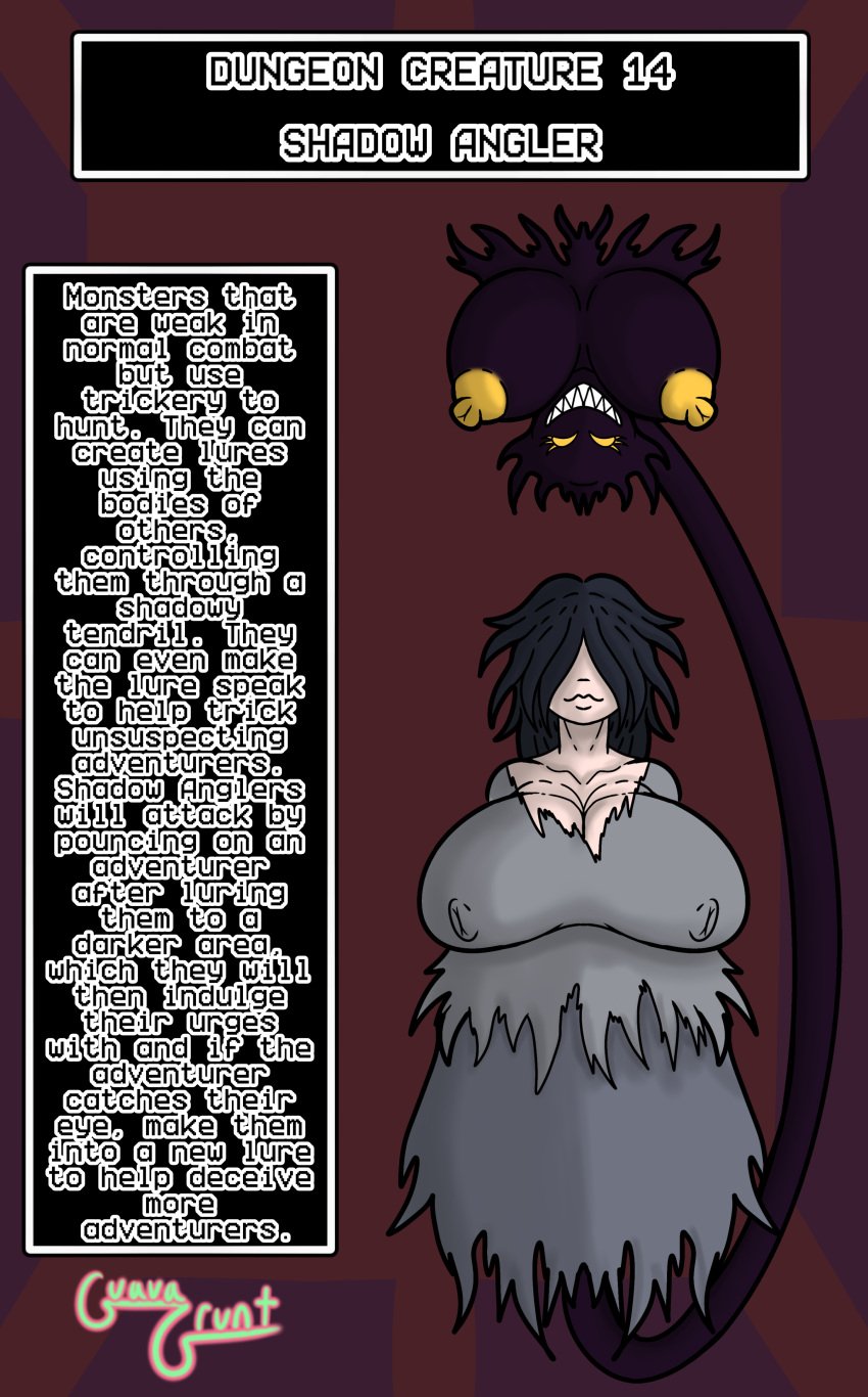 2d 2girls angler big_breasts character_profile character_sheet clothed clothed_female clothing covered_eyes eyes_covered grin guavagrunt hanging_breasts hanging_from_ceiling huge_breasts lure mimic monster monster_girl nipples nipples_visible_through_clothing nude nude_female original shadow shadow_creature simple_background smile text torn_clothes yellow_eyes yellow_nipples