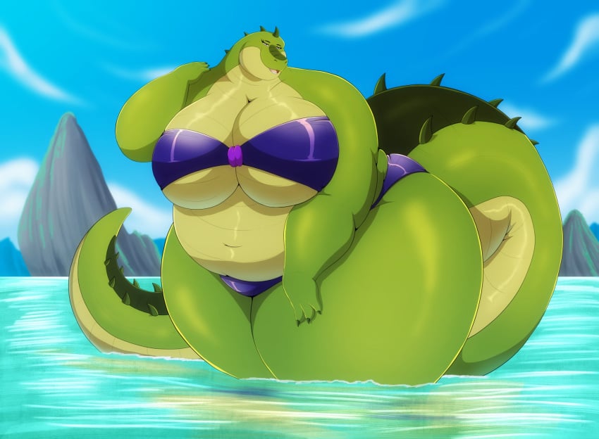 1girls alligator alligator_girl alligator_tail anthro bbw bedroom belly big_belly bikini chubby chubby_female green_body green_skin hi_res hips lake large_ass large_breasts looking_at_viewer mountain purple_eyes robthehoopedchipmunk scalie smiling smiling_at_viewer solo solo_female tail tatiana_(robthehoopedchipmunk) thick_legs thick_thighs thighs two_piece_swimsuit water wide_hips