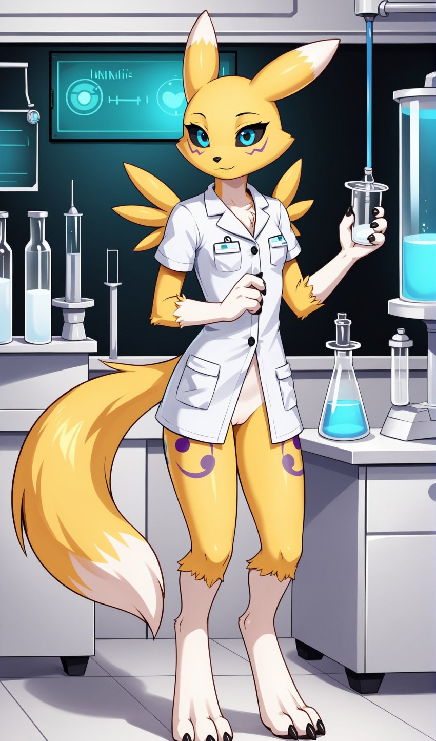 1girls 2024 ai_generated anthro black_sclera blue_eyes bottomless bottomless_female canine digimon digimon_(species) digitigrade female female_only hi_res holding_object indoors innie_pussy labcoat looking_at_viewer pussy renamon scientist smile white_fur yellow_fur