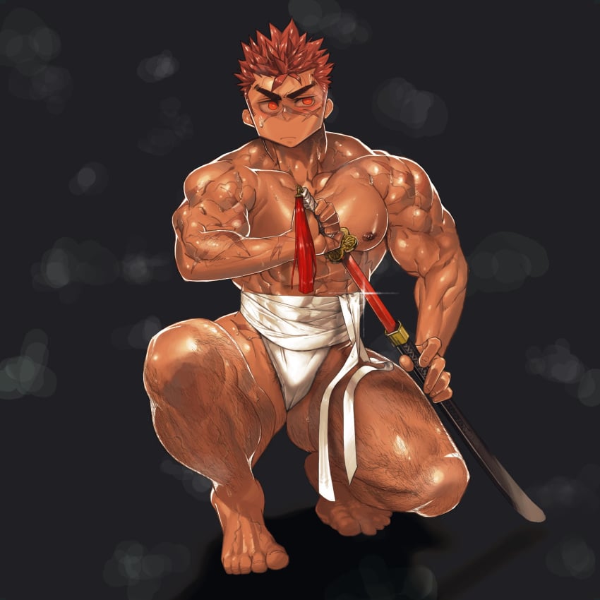 1boy abs arm_hair armpit_hair bara biceps big_breasts big_eyes black_background brown_hair bulge bulge_through_clothing chest_hair feet fundoshi fundoshi_only hi_res katana kneeling leg_hair looking_away male male_only muscles muscular muscular_arms muscular_legs muscular_male muscular_thighs nipple_hair orange_eyes original original_character pecs pubic_hair rokushaku_fundoshi samurai sarashi scar scar_on_arm scar_on_face scar_on_nose shina_(mjaldrarland) short_hair simple_background six_pack spiky_hair sweat sweatdrop sword tassles thick_arms thick_eyebrows thick_neck thick_thighs toes unsheathing veiny_arms veiny_feet veiny_legs veiny_muscles white_fundoshi