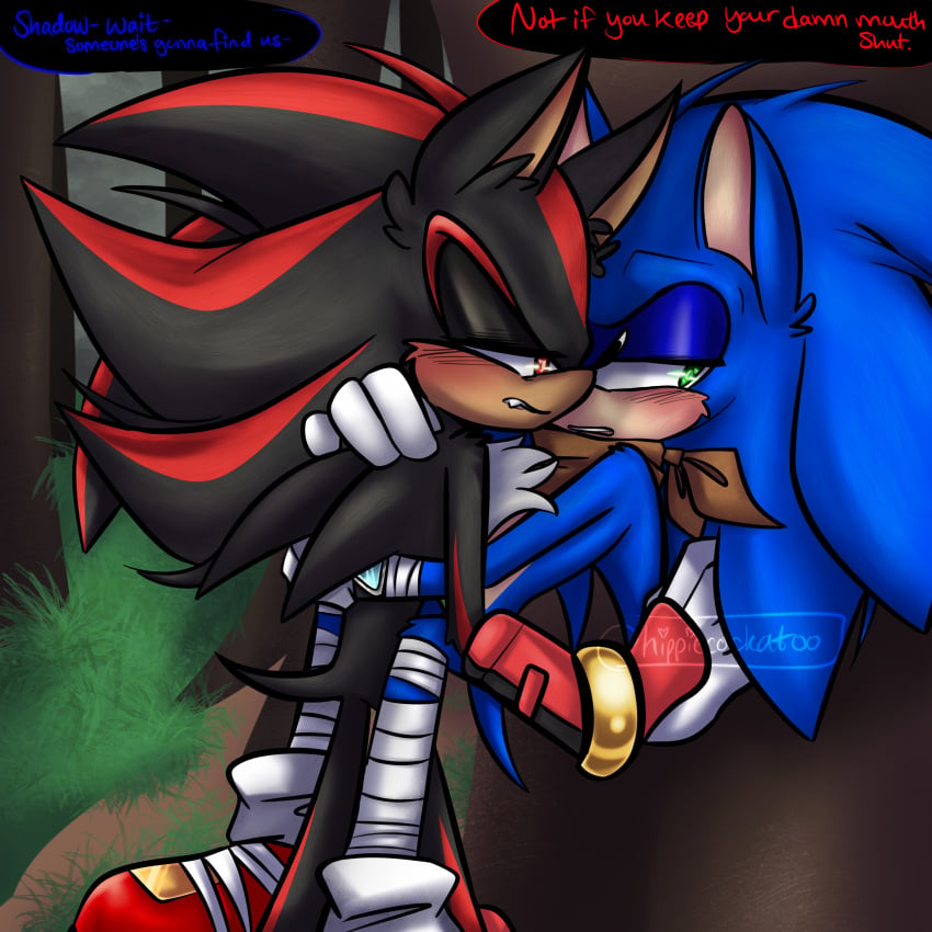 2boys against_tree dialogue gay held_up hippiecockatoo male_only mnsterfxcker public sfw shadow_the_hedgehog sonadow sonic_(series) sonic_boom sonic_the_hedgehog sonic_the_hedgehog_(series) suggestive text_bubble tree yaoi