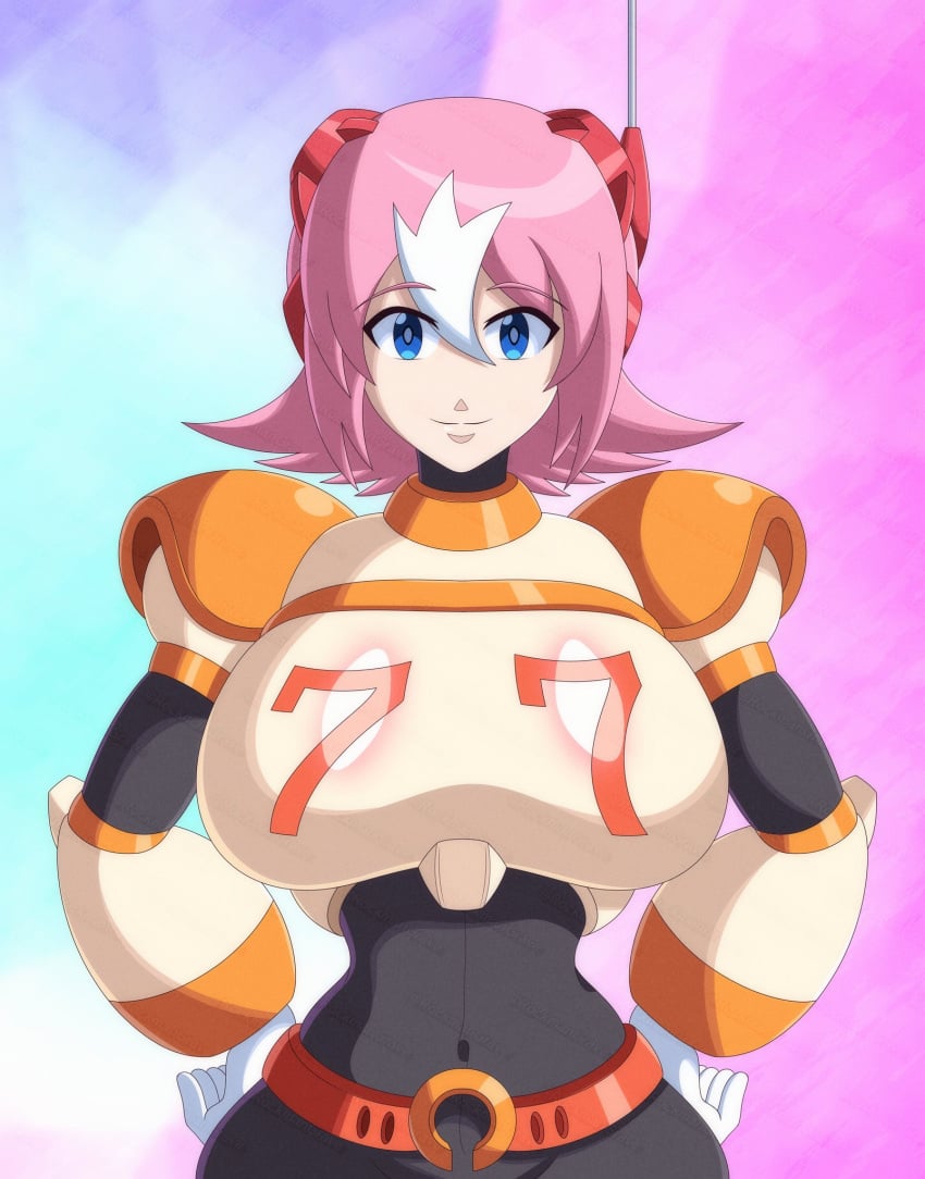 1girls big_breasts blue_eyes mega_man mega_man_x mega_man_x_dive nana_(mega_man) pink_hair robot_girl rockmangrave