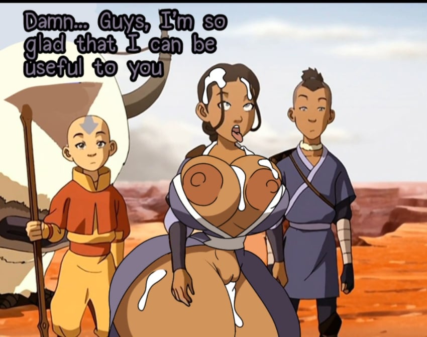 aang ahe_gao avatar_the_last_airbender cum cum_on_body cum_on_breasts cum_on_face editorl english_text huge_ass huge_breasts katara slutty_outfit sokka text useless_clothing