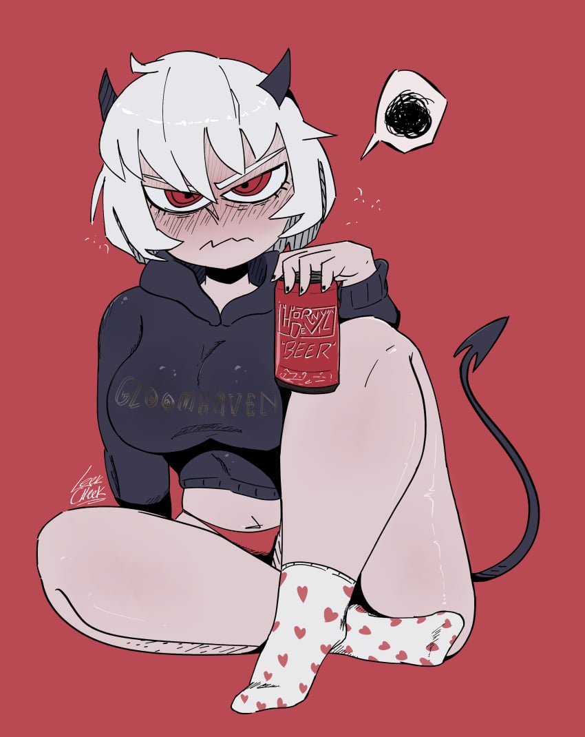 1girls alcohol angry beer blush cropped_hoodie demon demon_girl demon_tail devil devil_horns drunk drunk_bubble female female_only heart helltaker hoodie leekcheek looking_at_viewer malina_(helltaker) no_pants panties sitting socks solo solo_female solo_focus spoken_expression tail text_on_clothing thick thick_thighs thighs