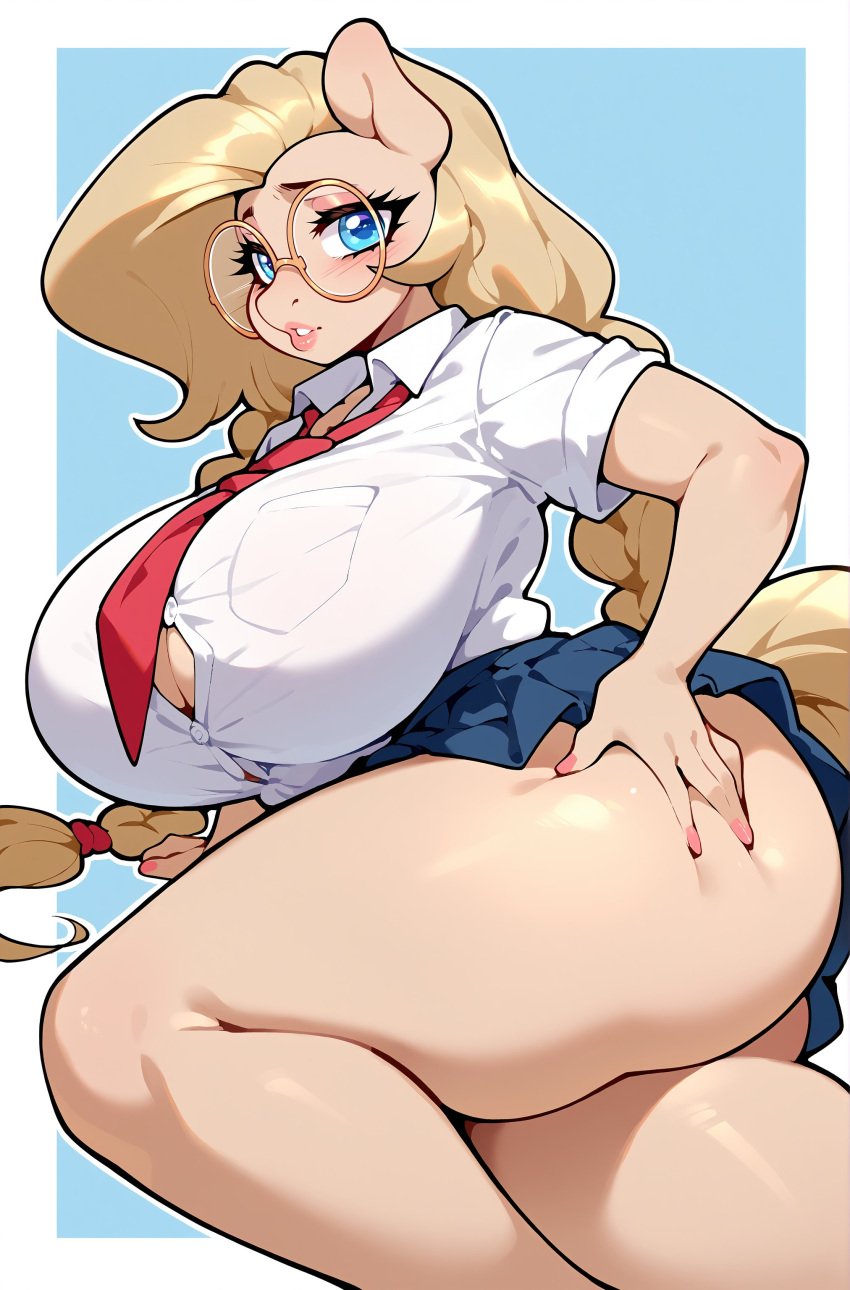 ai_generated backy blonde_hair blue_eyes braided_hair furry_female glasses huge_breasts lewdaii my_little_pony oc school_uniform slavedemorto thick_thighs tie