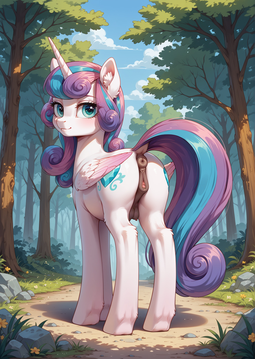 ai_generated alicorn animal_genitalia animal_pussy anus ass crotchboobs crotchboobs_visible_through_thighs cutie_mark dock equid equine equine_genitalia equine_pussy female feral flurry_heart_(mlp) friendship_is_magic fur hair hasbro mammal multicolored_hair my_little_pony non-human_areolae pink_body pink_fur pussy quadruped tail