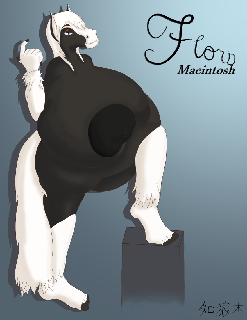 anthro big_breasts blue_eyes breasts draft_horse equid equine feet female fingers flora_macintosh_(character) gypsy_vanner hi_res horse huge_breasts hyper hyper_breasts looking_at_viewer mammal nude smile solo standing wide_hips