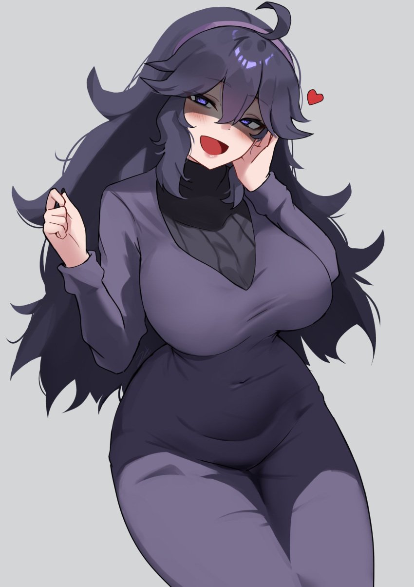 1girls :d @_@ ahoge alternate_breast_size big_breasts black_nails blush breasts commentary covered_navel dress eyes_visible_through_hair female fingernails grey_background hair_between_eyes hairband hand_on_own_face heart hex_maniac highres invisible_chair large_breasts long_dress long_fingernails long_hair looking_at_viewer open_mouth pokemon pokemon_xy purple_dress purple_eyes purple_hair purple_hairband shaded_face simple_background sitting smile solo symbol-only_commentary turtleneck zet_(twt_zet)