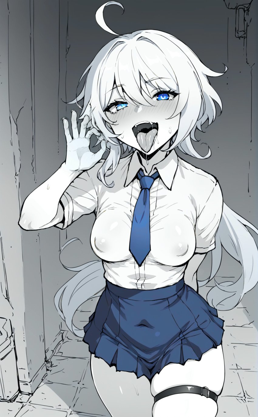 2024 ahoge ai_generated alley big_ass blue_eyes female furina_(genshin_impact) genshin_impact heterochromia monochrome prostitution school_uniform schoolgirl sketch small_breasts solo solo_focus spaztik tagme thick_thighs thigh_strap white_hair