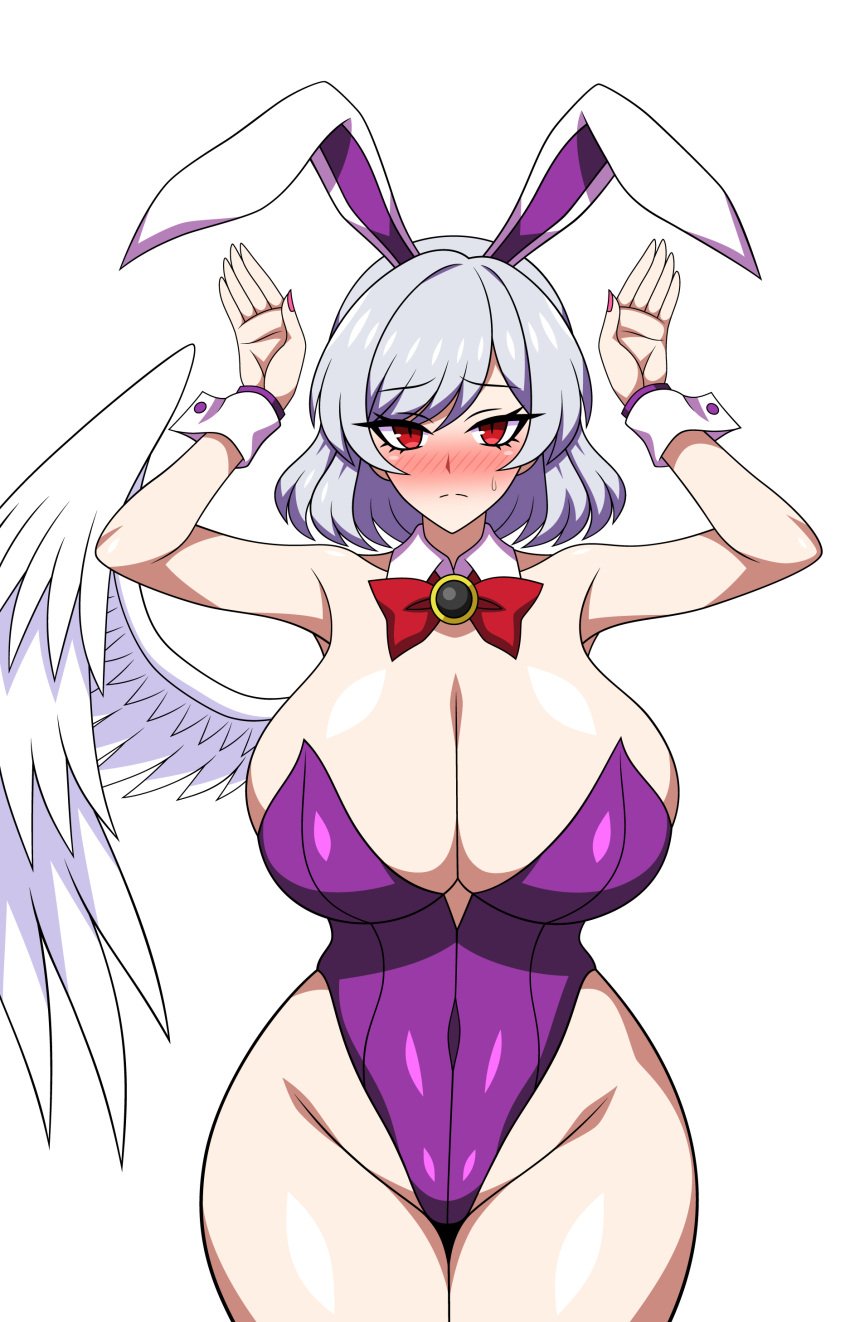 1girls 2d bare_shoulders belly_button belly_button_visible_through_clothing big_breasts blush bowtie bowtie_collar breasts breasts_bigger_than_head bunny_ears bunnysuit cleavage clothed clothed_female detached_cuffs female hands_up hips kishin_sagume looking_at_viewer medium_hair nail_polish pink_nail_polish pink_nails red_eyes sagume_kishin shiny_clothes shiny_hair shiny_skin silver_hair single_wing solo source ssaf ssaf52913778 ssaf_seibeupail standing sweat sweatdrop thick_thighs thighs touhou white_background white_hair wide_hips wing