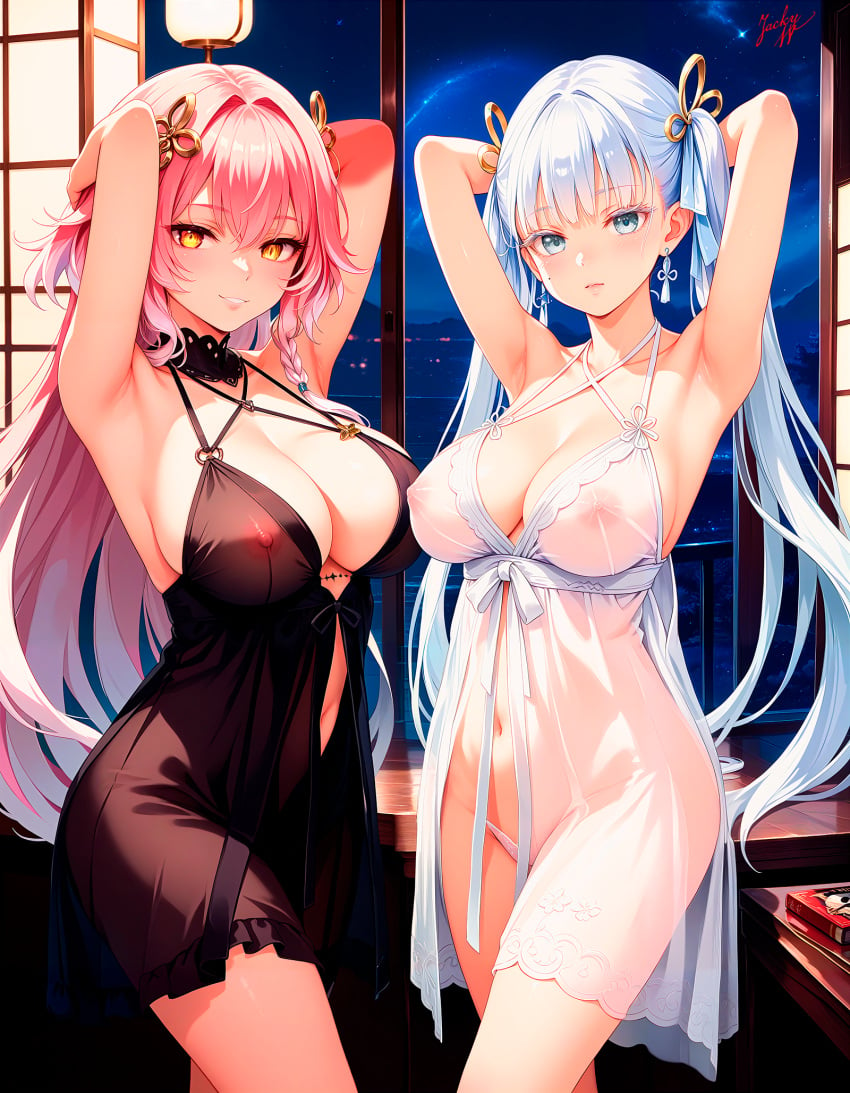 2girls ai_generated changli_(wuthering_waves) hair_ornament hair_rings hands_behind_head indoors jinhsi_(wuthering_waves) large_breasts long_hair mole_under_eye nightgown nipples_visible_through_clothing pink_hair see-through twintails white_eyelashes white_eyes white_hair yellow_eyes