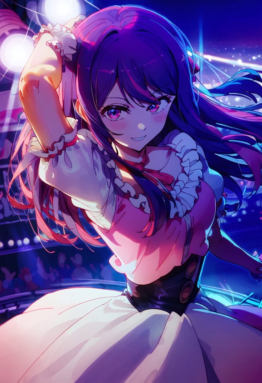 1girls ai_generated blush civitai dancing dress female hoshino_ai idol oshi_no_ko purple_eyes purple_hair smile stage stage_lights tagme yercyu