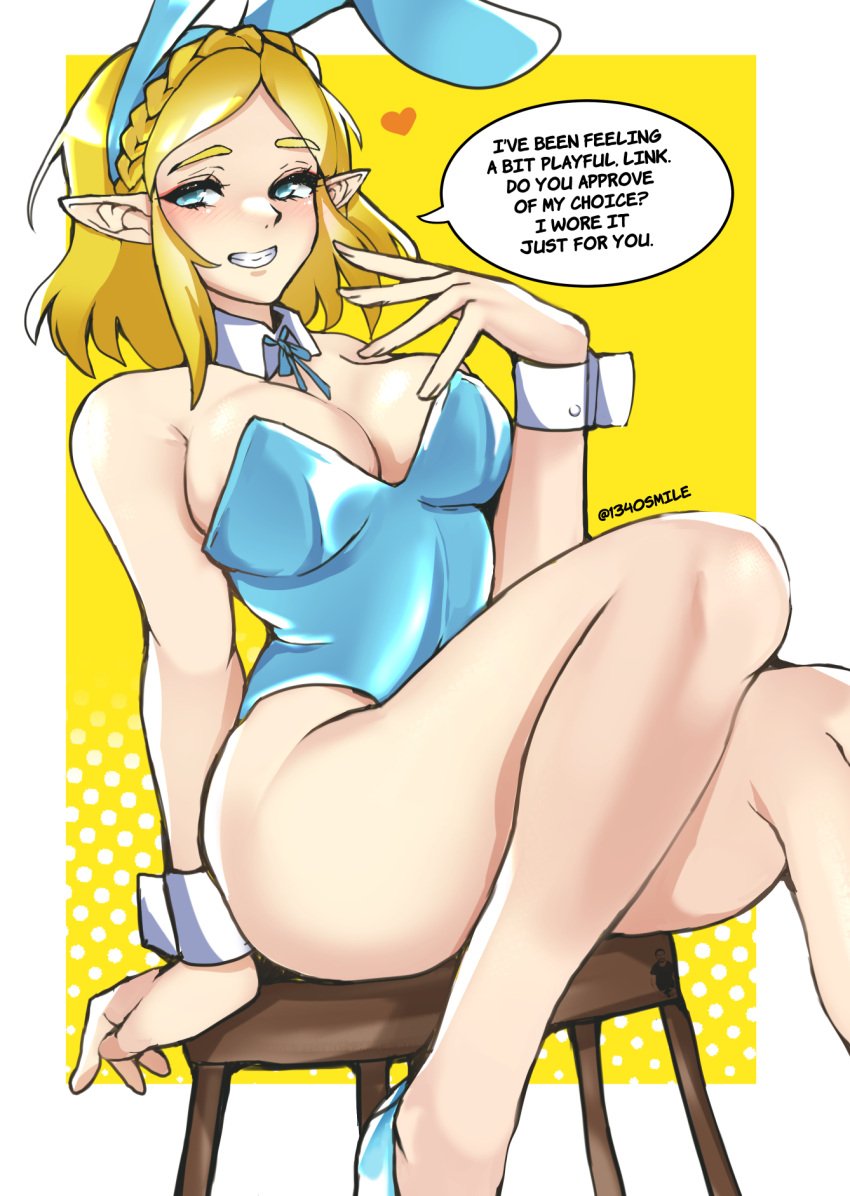 1340smile 1girls big_breasts blonde_hair breasts bunny_ears bunny_girl bunnysuit cleavage curvy curvy_female elf elf_ears elf_female heart inviting legs offscreen_character offscreen_male princess_zelda seductive seductive_smile tears_of_the_kingdom the_legend_of_zelda the_legend_of_zelda:_tears_of_the_kingdom thick_thighs thighs zelda_(tears_of_the_kingdom)