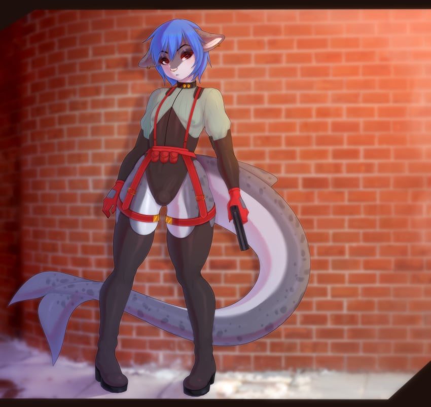 absurd_res anthro balls blue_hair bodysuit boots clothed clothing ear_piercing facial_piercing femboy firearm fish footwear genitals gloves grey_body gun hair handwear hi_res hybrid male marine nipples nose_piercing penis piercing ranged_weapon red_eyes shark shark_tail shudayuda skinsuit solo tight_clothing weapon