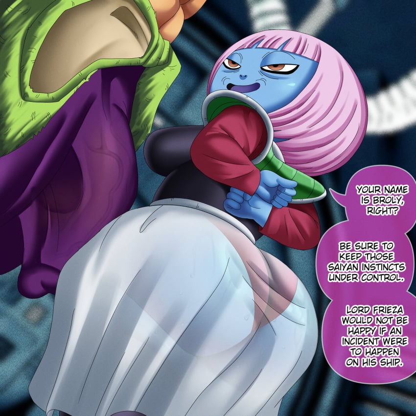 1boy 1girls alien alien_girl arms_behind_back ass berryblue big_ass blue_skin breasts broly broly_(dragon_ball_super) bubble_butt bulge bulge_through_clothing clothing dat_ass dialogue doompypomp dragon_ball dragon_ball_super erection erection_under_clothes fat_ass female height_difference huge_ass imminent_sex large_ass male mature mature_female mocking_face panties pink_hair saiyan seductive seductive_eyes seductive_gaze seductive_look seductive_pose seductive_smile see-through see-through_clothing shortstack text thick_ass thick_thighs wide_hips