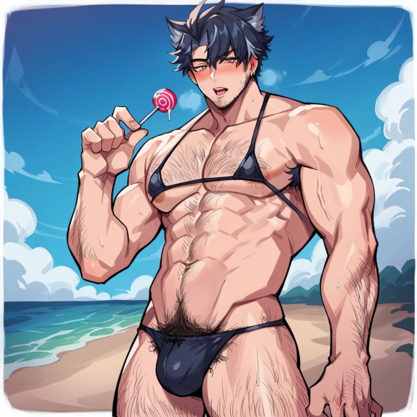 1boy ai_generated bara barely_clothed beach bikini bulge gay genshin_impact hairy hairy_male lollipop male male_focus male_in_bikini male_only micro_bikini muscles muscular muscular_male sinchilee solo tagme wriothesley_(genshin_impact) yaoi