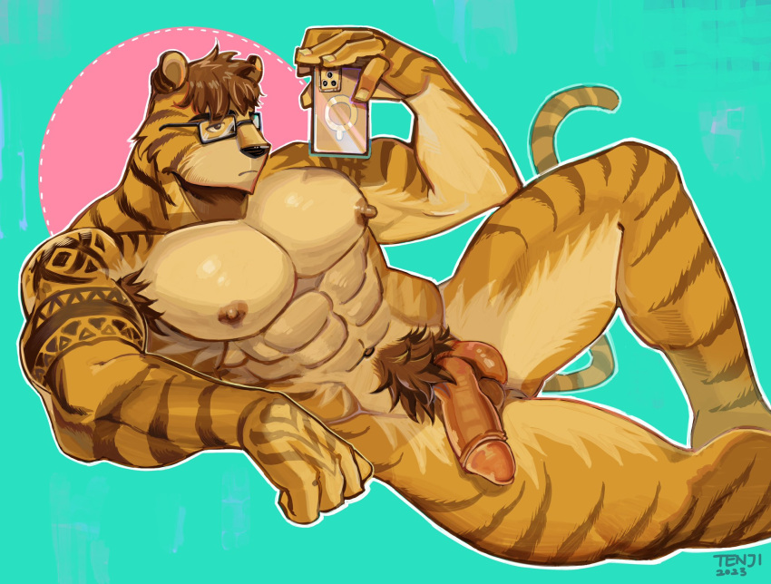 1boy abs anthro armpit_hair balls biceps big_penis body_hair cellphone electronics eyewear felid feline foreskin genitals glasses hair hi_res male male_only mammal muscular muscular_male nipples nude pantherine pecs penis phone pubes smartphone solo solo_focus spread_legs spreading tattoo ten_g89 thick_thighs tiger