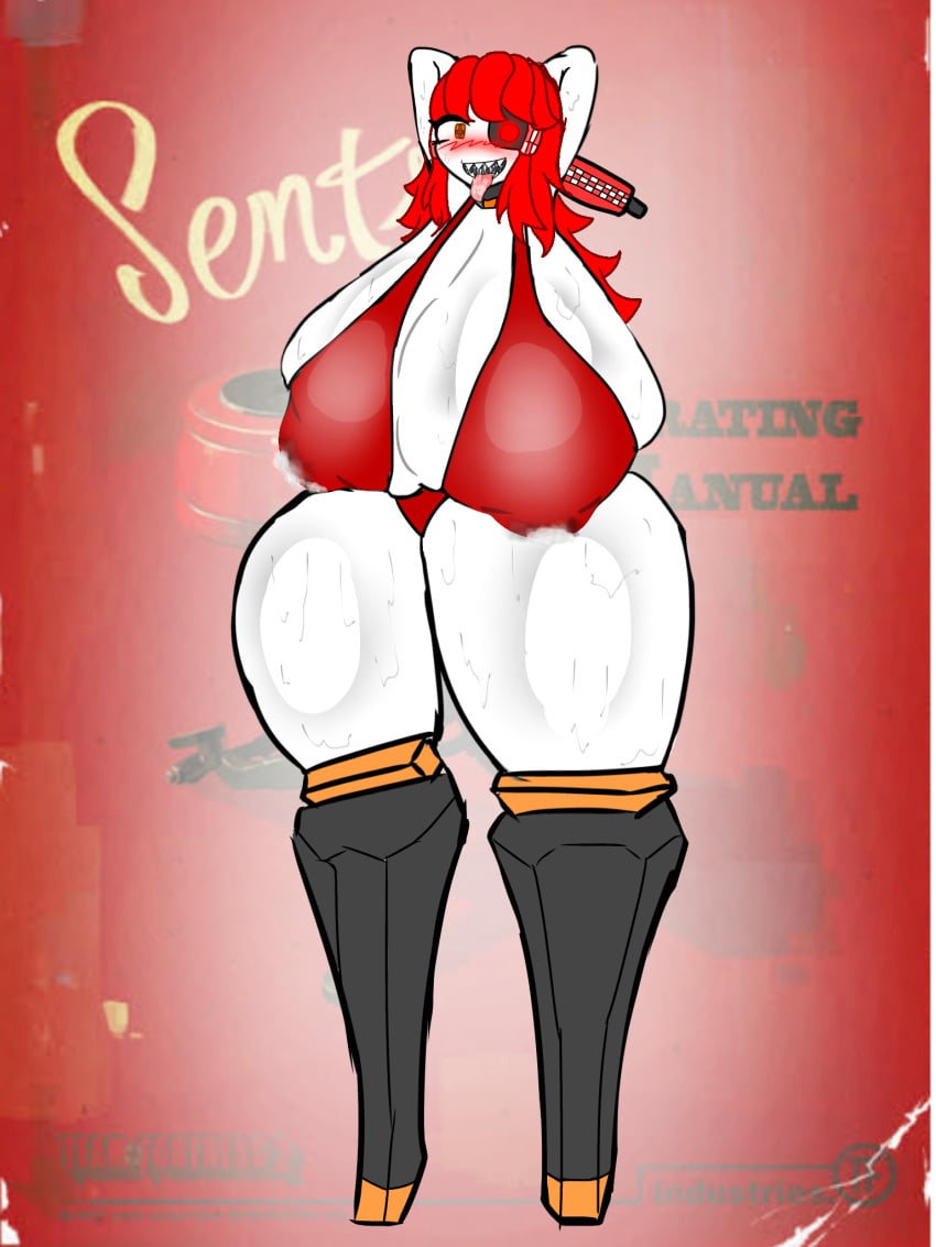 2d arms_behind_head arms_up background big_thighs bikini bizzarekatze blush huge_breasts milk mimi_sentry red_hair robot_girl robotic_leg saliva_string sentry_(team_fortress_2) sentry_turret sharp_teeth sweating team_fortress_2 tf2 tongue_out valve valve_(company)