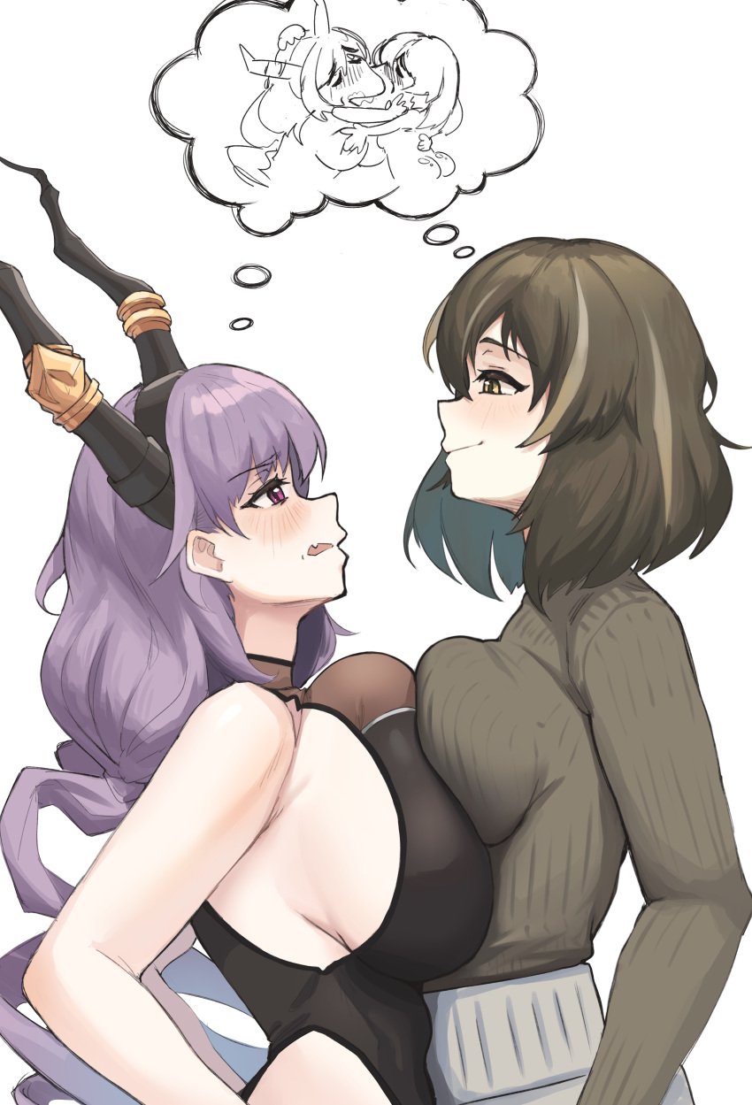 2024 2girls arknights bare_shoulders big_breasts blush breast_press breast_squeeze breasts brown_hair hi_res horns large_breasts long_hair magallan_(arknights) medium_breasts purple_hair radioneet short_hair simple_background smile sweater typhon_(arknights) white_hair yuri