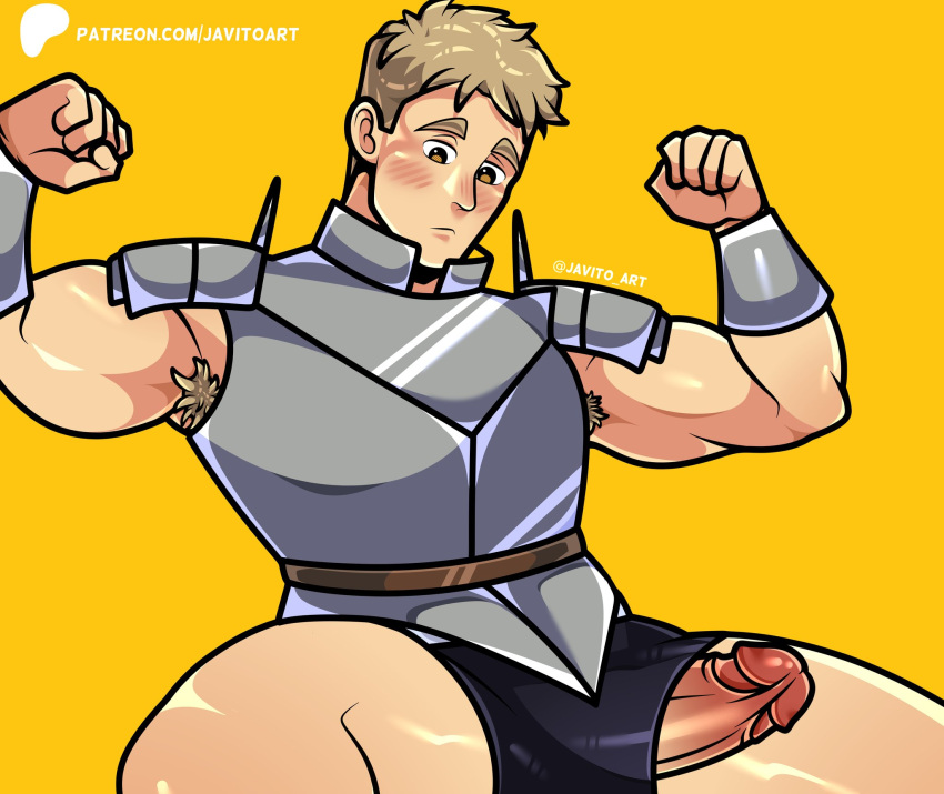 1boy 2024 armor armpit_hair bara barazoku biceps big_penis blonde_hair blush bulge delicious_in_dungeon dungeon_meshi erection erection_under_clothes flexing_bicep javito_art laios_touden male male_only muscular_male penis