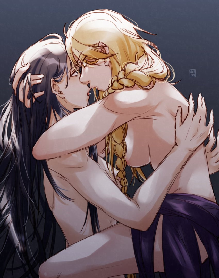 2girls ashartstuffs big_breasts blonde_hair elden_ring female female_only fromsoftware hugging kissing multiple_girls nude queen_marika_the_eternal rennala_queen_of_the_full_moon saliva saliva_string sideboob straddling wholesome wife_and_wife yuri