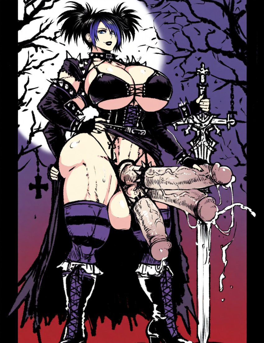 1futa 3_penises 4_arms abs ai_generated artist_upload ball_bra balls_in_panties bikini_top black_hair blue_eyes boots chains corset cum cumshot fair_skin fair_skinned_futanari futa_focus futa_only futanari goth goth_futa goth_girl highlights_(coloring) holding_sword huge_ass huge_balls huge_breasts huge_butt huge_cock huge_testicles huge_thighs intersex large_ass large_balls large_breasts large_butt large_penis large_thighs moon multi_arm multi_genitalia multi_limb multi_penis muscular_futanari muscular_intersex muscular_legs night novelai original_character pale-skinned_futanari pale_skin penis skirt_pull spiked_armband spiked_armlet spiked_bracelet spiked_cock_ring spiked_collar spiky_hair stable_diffusion striped_legwear sword thong trees triphallia twintails