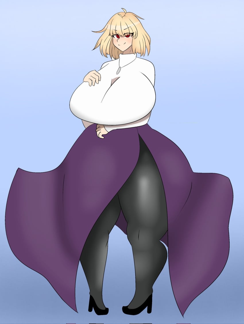 alternate_breast_size arcueid_brunestud art_trade ass_bigger_than_head black_tights blonde_hair blue_background blush breasts breasts_bigger_than_head color curvy curvy_figure grabbing_own_breast groping_breasts hands_on_breasts heels high_heels hips_wider_than_shoulders huge_breasts hyper_ass jacegardener large_breasts legs long_skirt looking_at_viewer melty_blood necklace pantyhose plump plump_ass purple_skirt red_arcueid red_eyes short_hair smile smirk sweater thick_legs thick_thighs thighs tsukihime tsukihime_(remake) type-moon vampire vampire_girl wide_hips