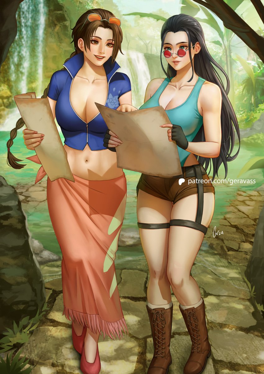 2girls big_breasts boots braid braided_hair braided_ponytail breasts busty carlosvasseur cleavage clothes_swap collarbone cosplay costume_switch crossover day eastern_and_western_character feet female female_focus female_only geravass highres lara_croft lara_croft_(cosplay) large_breasts legs legs_together leotard long_hair looking_over_eyewear looking_over_glasses looking_over_sunglasses midriff multiple_girls navel nico_robin nico_robin_(cosplay) one_piece outdoors outfit_swap ponytail red-tinted_eyewear sarong sensual standing sunglasses thick_thighs thighs tinted_eyewear tomb_raider toned voluptuous wide_hips