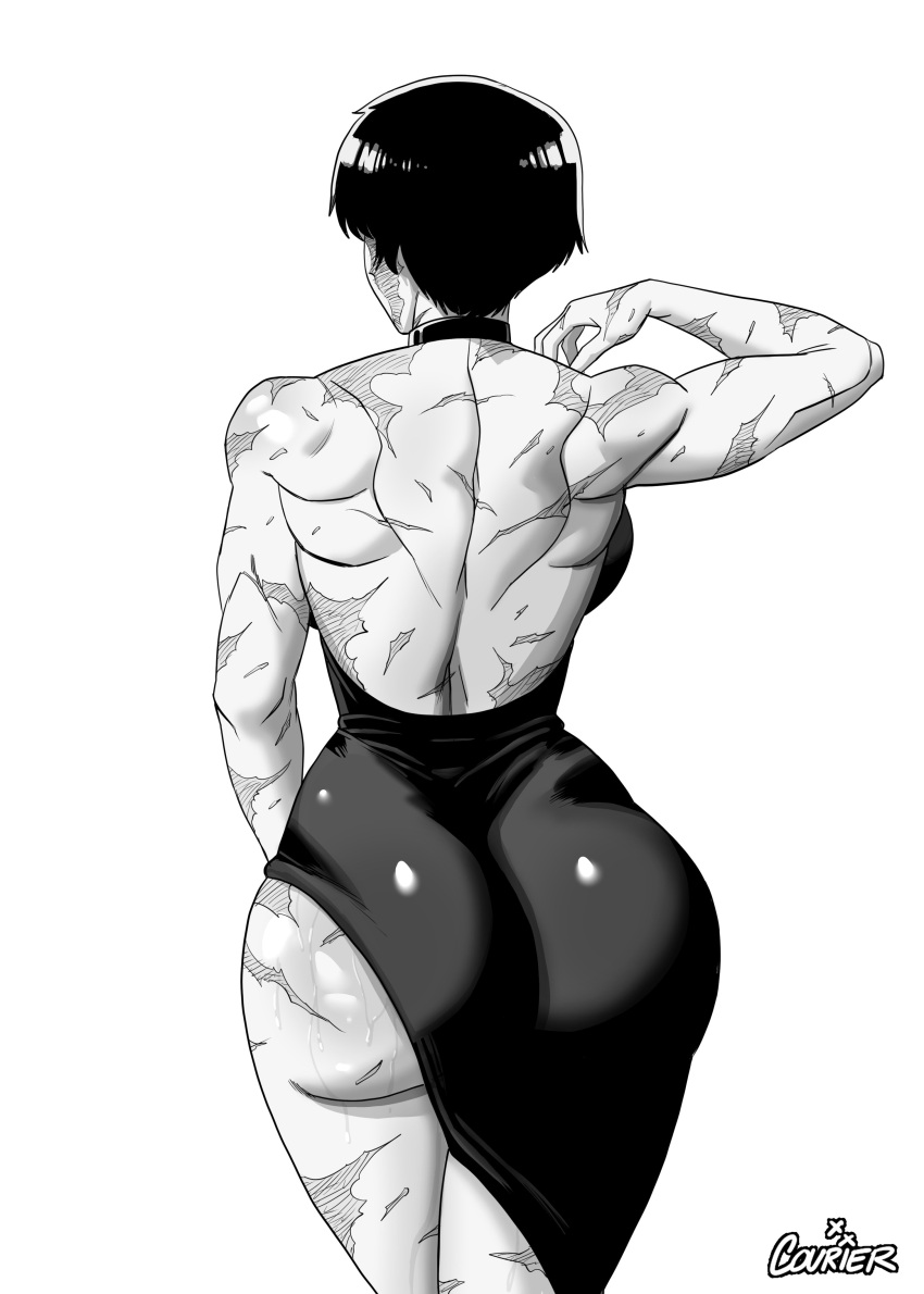 1girls ass ass_focus back choker courier_art from_behind jujutsu_kaisen muscular muscular_female scar scars short_hair solo white_background zenin_maki