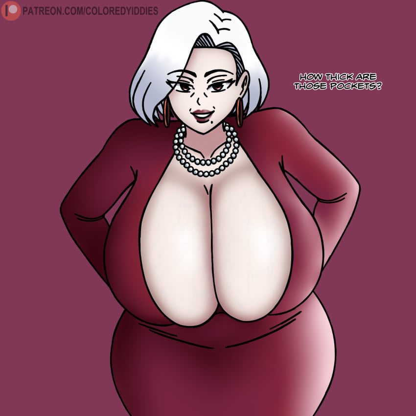 coloredyiddies exposed_chest gilf huge_breasts lei_(coloredyiddies) older_female older_version pearl_necklace red_dress white_hair