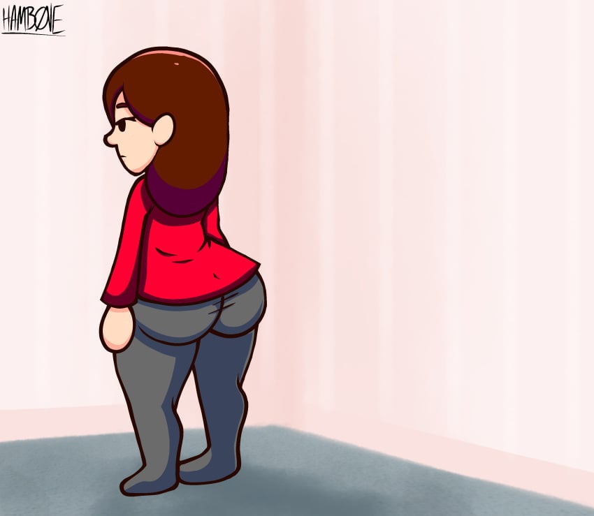 1girls 2d 2d_(artwork) artist_signature ass ass_bigger_than_head ass_focus background black_eyes bored bored_expression brown_hair female female_only guest_f hamb0ne looking_away mii nintendo red_shirt standing thick thick_ass tomodachi_life