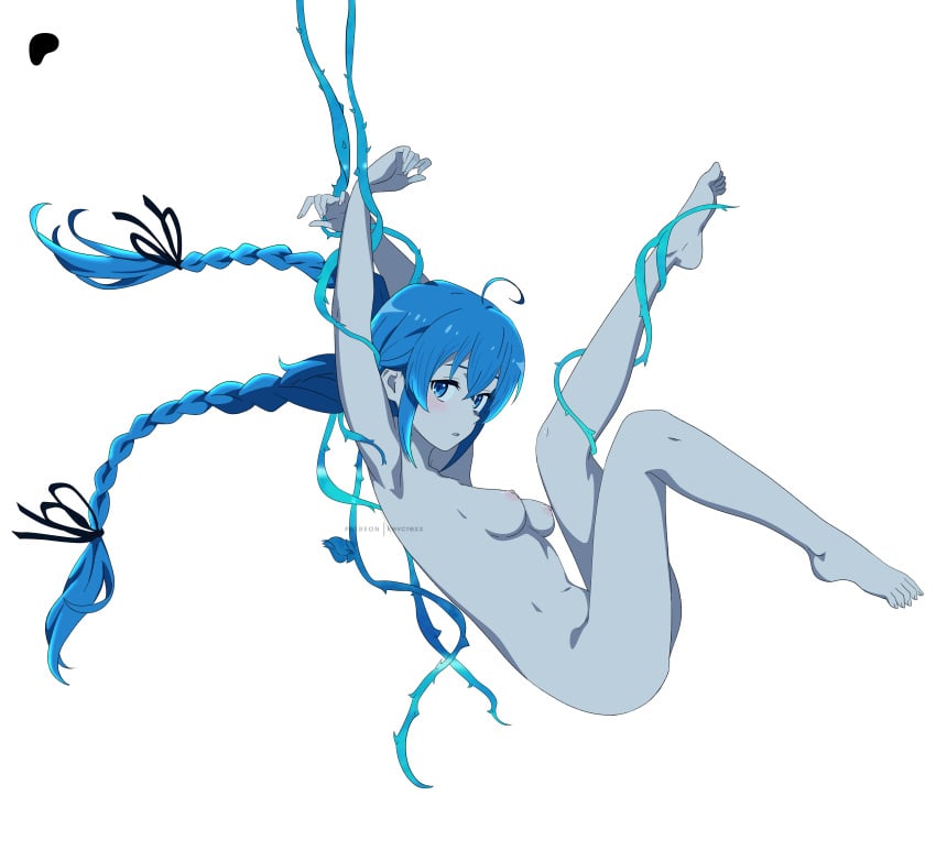 absurdres ahoge armpits arms_up barefoot black_ribbon blue_hair blush bound bound_arms braid breasts completely_nude female full_body hair_between_eyes hair_ribbon highres kevcrexx leg_up long_hair looking_at_viewer mushoku_tensei nipples nude open_mouth plant ribbon roxy_migurdia shadow sideboob signature simple_background small_breasts soles solo stomach toes twin_braids very_long_hair vines white_background