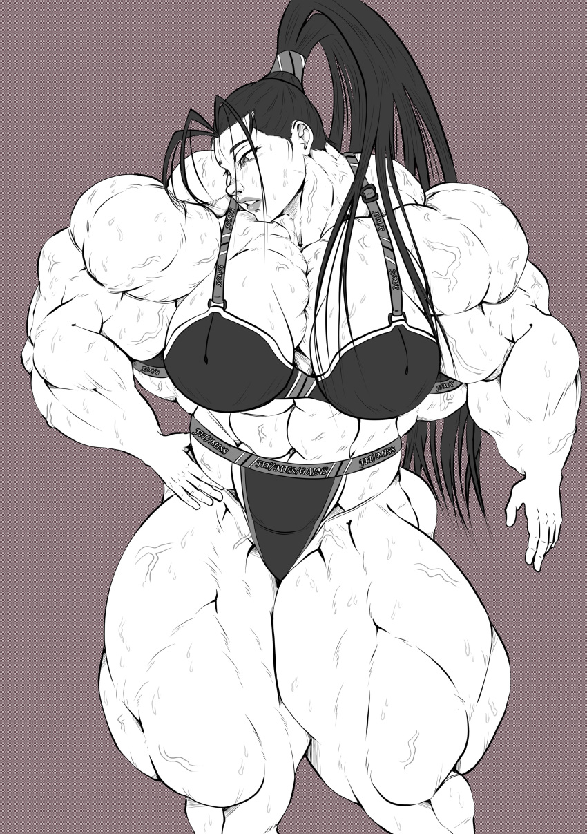 1girls alternate_muscle_size bra broad_shoulders brown_background extreme_muscles fudgex02 hair_pulled_back high_ponytail hyper_muscles ibuki_(street_fighter) large_breasts lips long_hair monochrome muscular_arms muscular_female muscular_legs muscular_neck panties pecs pectorals standing street_fighter thick_thighs vein veiny_muscles