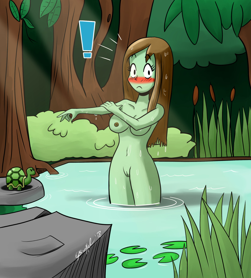 bathing blush breasts cartoon-eric cattail_(plant) dark_areolae embarrassed lake lily_pad nipples tortoise vulva wet