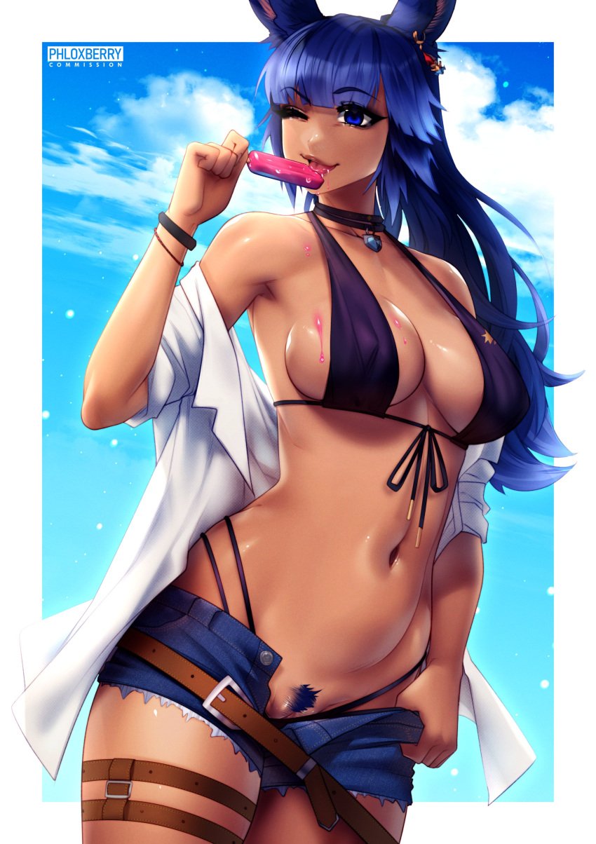 absurdres animal_ears bikini black_bikini blue_eyes blue_hair breasts choker clothes_pull female final_fantasy final_fantasy_xiv food highres one_eye_closed phloxberry ponytail popsicle rabbit rabbit_ears shion_(blue_bnnuy) shirt shorts shorts_pull swimsuit tongue viera white_shirt