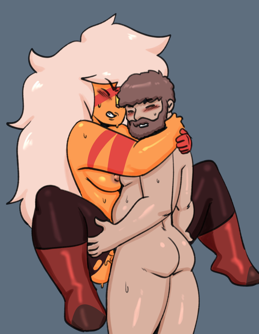 1boy 1girls abryssle alien alien_girl alien_humanoid blush boots brown_hair brown_legwear closed_eyes darkeros13 facial_hair female gem gem_(species) jasper_(steven_universe) legwear long_hair male nude nude_female nude_male original original_character rear_view stand_and_carry_position steven_universe stockings sweat thighhighs white_hair