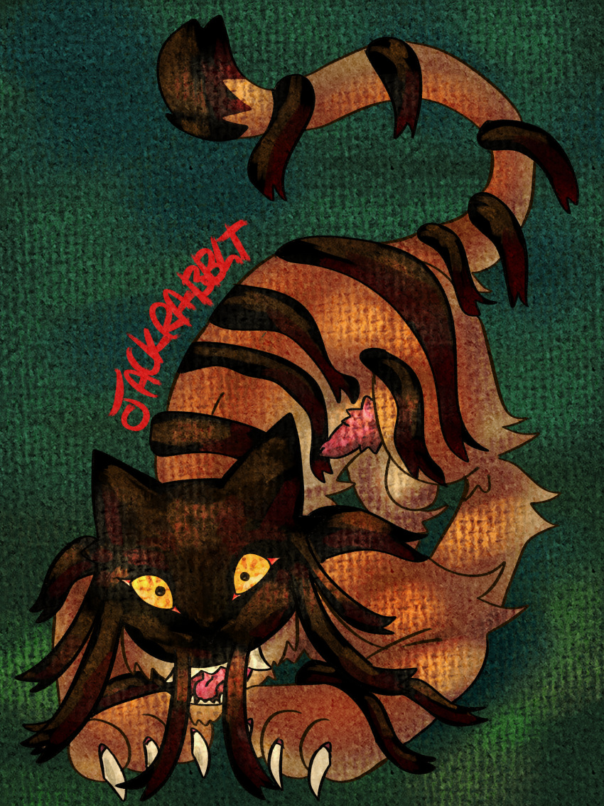 absurd_res anatomically_correct anatomically_correct_genitalia anatomically_correct_penis angry animal_genitalia animal_penis balls bared_teeth cheek_tuft claws crotching digital_drawing_(artwork) digital_media_(artwork) digital_painting_(artwork) dream_tiger dream_tiger_(govy9807) erection facial_tuft felid feline_genitalia feline_penis feral genitals green_background hi_res ibispaint_(artwork) jackrabbit_(artist) light lighting male mammal monster pantherine penile_spines penis pink_penis pink_tongue raised_tail ribbons_(anatomy) shaded signature simple_background solo tail textured textured_background tiger tongue tongue_out tuft