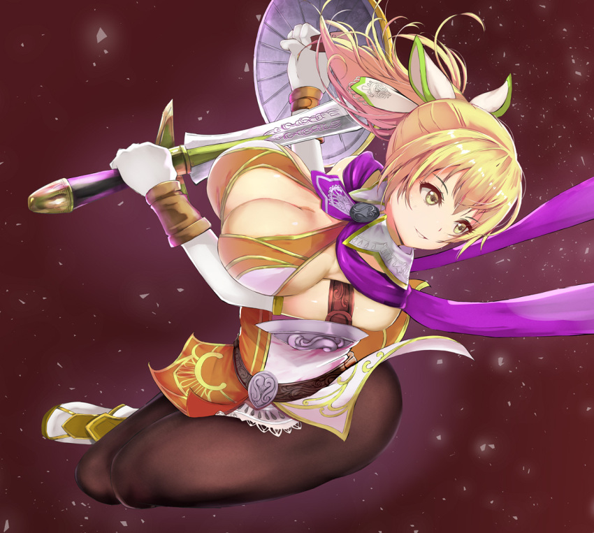 alluring big_breasts blonde_hair cassandra_alexandra cleavage female green_eyes kuno_oni pantyhose project_soul silf soul_calibur soul_calibur_ii soul_calibur_iii soul_calibur_vi sword_and_shield weapon