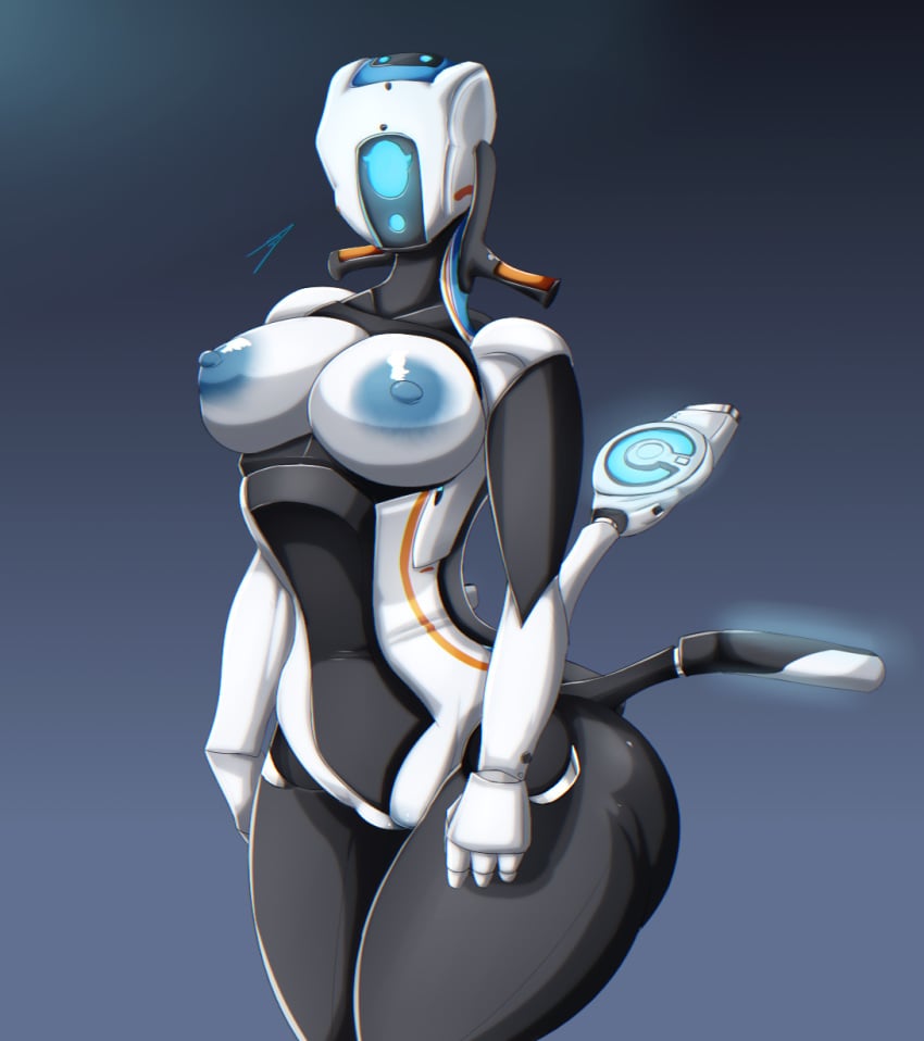 animate_inanimate anthrofied artist_signature big_breasts blue_areola blue_eyes breasts female gradient_background hb-viper hoverbike humanoid living_machine robot simple_background snowfox_(subnautica) subnautica subnautica_below_zero thick_thighs vagina voluptuous