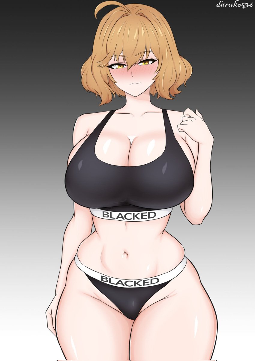 1girls anis_(nikke) blacked blacked_clothing bra breasts brown_eyes brown_hair daruko536 female goddess_of_victory:_nikke hips huge_breasts panties raceplay short_hair slim_waist sports_bra thick_thighs thighs wide_hips