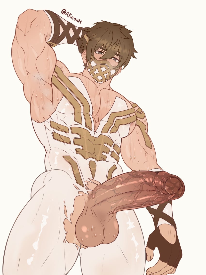 1boy abs absurdres aknoxm arm_behind_head armpits artist_name balls bara biceps bodysuit brown_eyes brown_hair covered_nipples eikthyrnir_(fire_emblem) erection fingerless_gloves fire fire_emblem fire_emblem_heroes gauntlets gloves hand_behind_head highres huge_cock large_pectorals looking_at_viewer looking_down looking_down_at_viewer low-angle_view male male_only manly mask masked mature_male mouth_mask muscular muscular_arms muscular_chest muscular_male muscular_thighs nintendo pecs pectorals penis pov pov_eye_contact precum short_hair signature simple_background skin_tight smell solo solo_male spiked_hair standing standing_over_viewer sweat sweatdrop testicles thick_arms thick_eyebrows thick_thighs thighs tight_clothing torn_clothes twitter_username veins wet wet_clothes