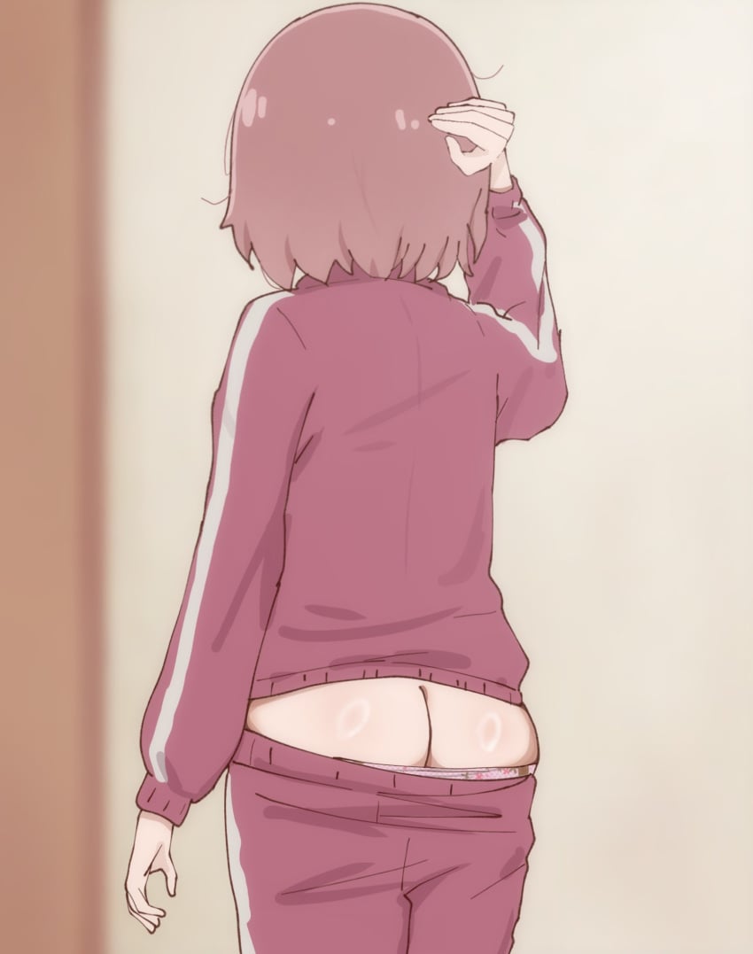 ass ass back_view butt_crack hoshino_miyako_(wataten) light-skinned_female messy_hair pants_falling_down poa_mellhen track_jacket watashi_ni_tenshi_ga_maiorita!