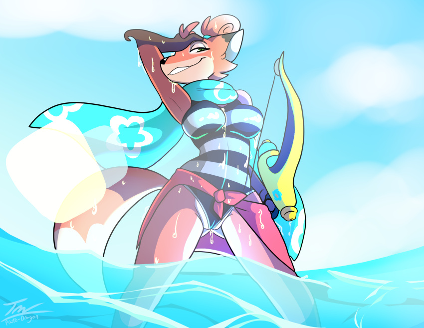 anthro canid canine clothing dripping_water female fleet_(dungeons_of_aether) fox hi_res mammal prate-dragon rivals_of_aether sea solo swimwear water